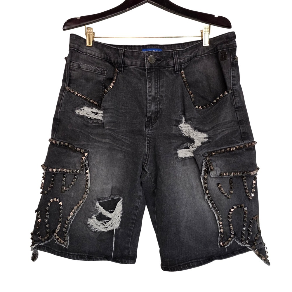 R3bel Mens Baggy Fit Distressed Studded Denim Cargo Shorts Black Size 38 Y2K